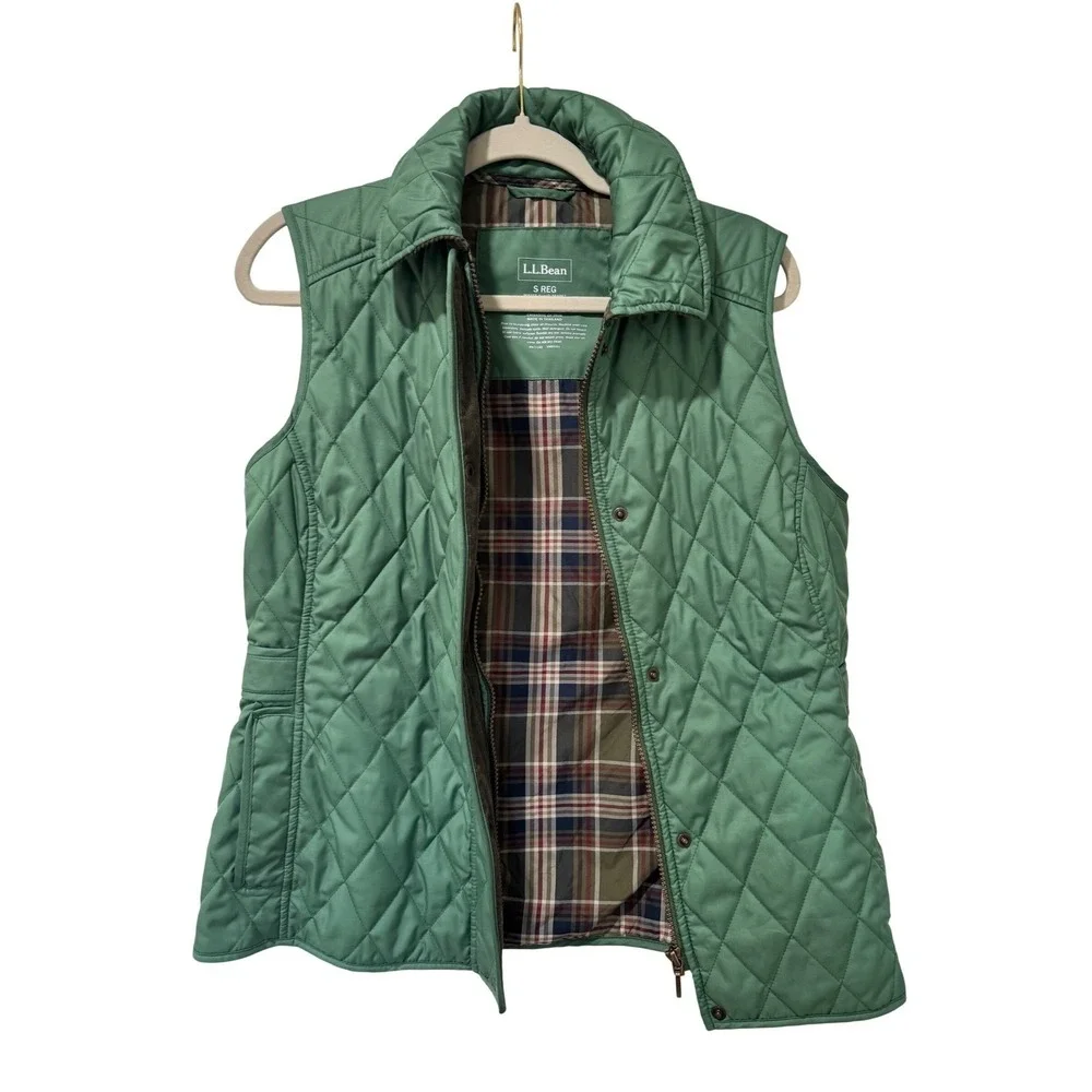 L.L.Bean‎ Quilted Vest Women Small Green Excellent Plaid Lined Corduroy Trim
